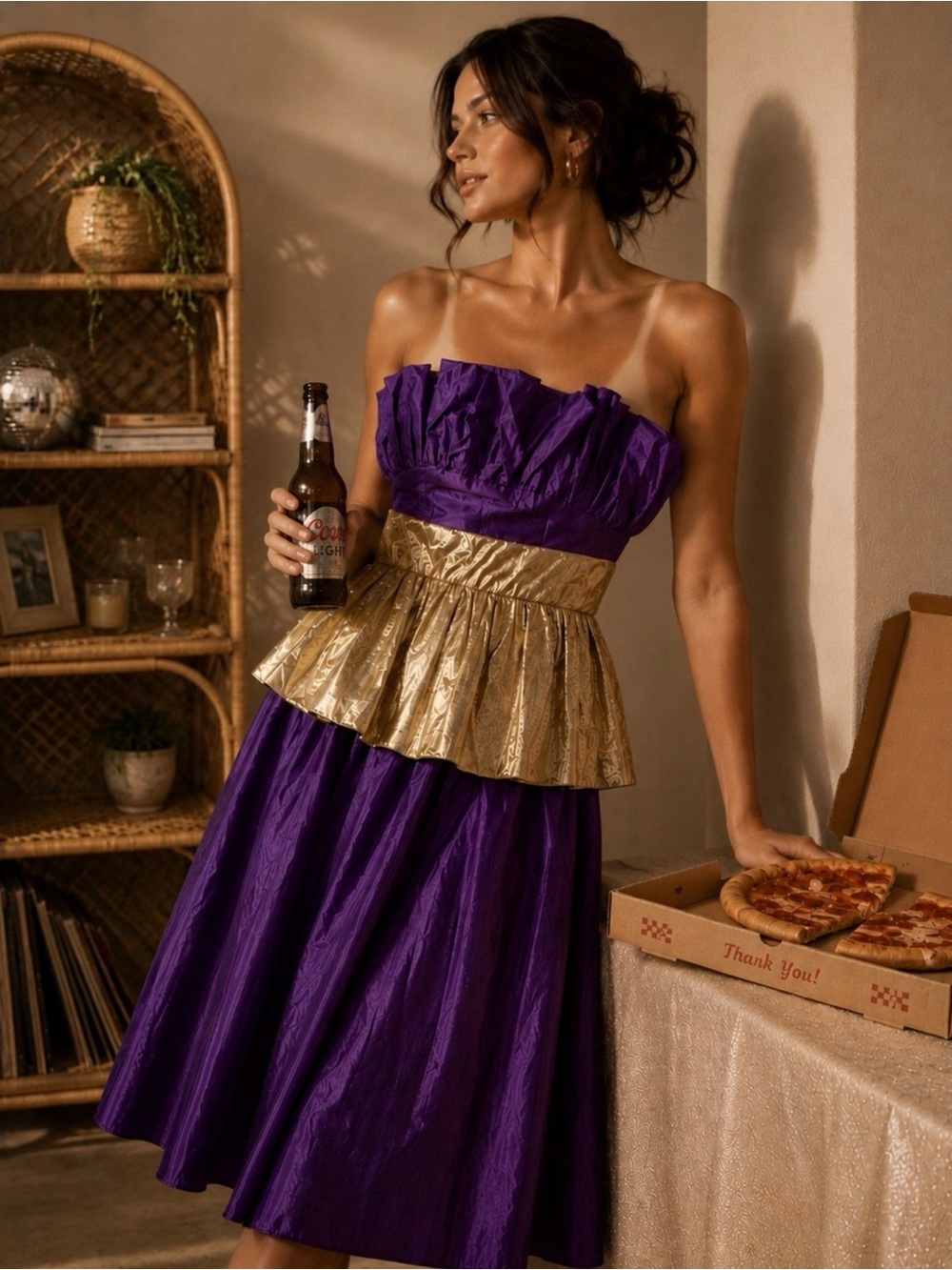 Vintage 80s Prom Purple Gold Strapless Spaghetti Strap Party Cocktail Dress XS